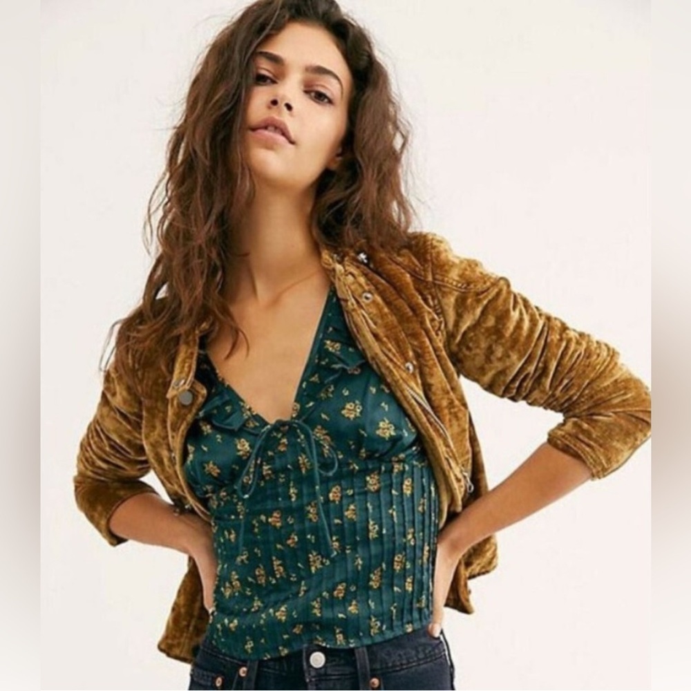 Free People Isabella Silky Floral Blouse in Jewel Forest Ruffle Detail